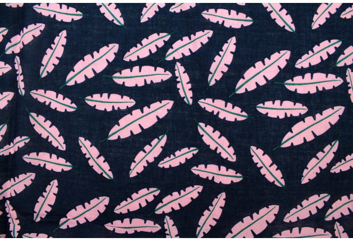 Tissu Voile Coton Viscose Imprimé Fond Marine Plume Rose -Au Mètre
