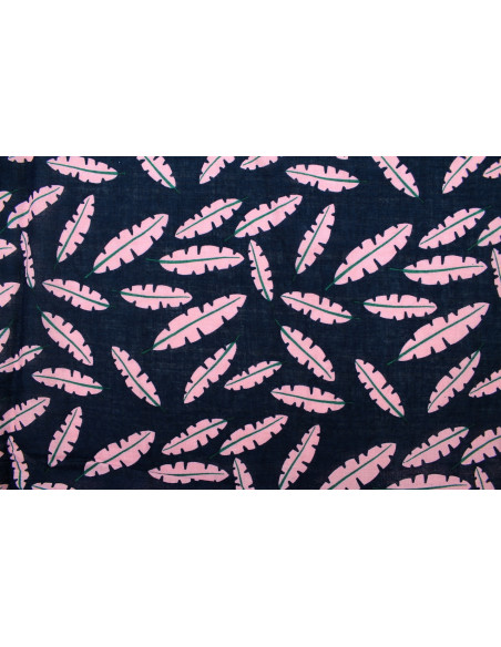 Tissu Voile Coton Viscose Imprimé Fond Marine Plume Rose -Au Mètre