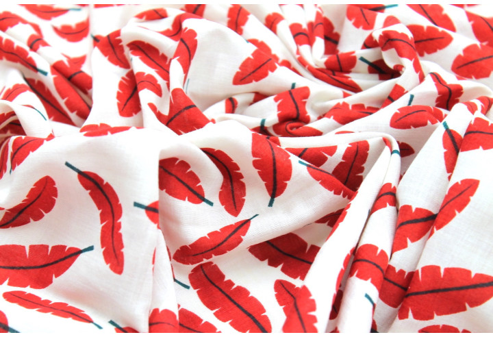 Tissu Voile Coton Viscose Imprimé Fond Blanc Plume Rouge -Au Mètre
