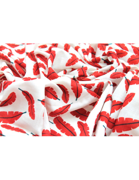 Tissu Voile Coton Viscose Imprimé Fond Blanc Plume Rouge -Au Mètre