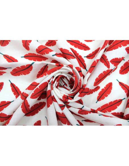 Tissu Voile Coton Viscose Imprimé Fond Blanc Plume Rouge -Au Mètre