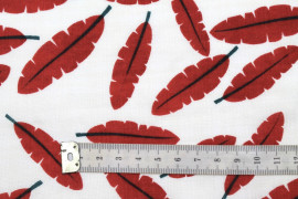 Tissu Voile Coton Viscose Imprimé Fond Blanc Plume Rouge -Au Mètre
