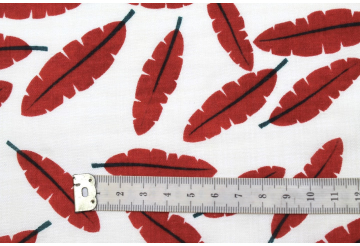 Tissu Voile Coton Viscose Imprimé Fond Blanc Plume Rouge -Au Mètre