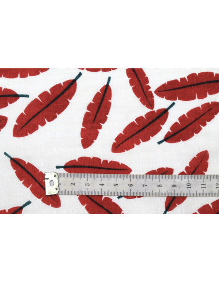 Tissu Voile Coton Viscose Imprimé Fond Blanc Plume Rouge -Au Mètre