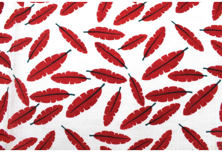 Tissu Voile Coton Viscose Imprimé Fond Blanc Plume Rouge -Au Mètre