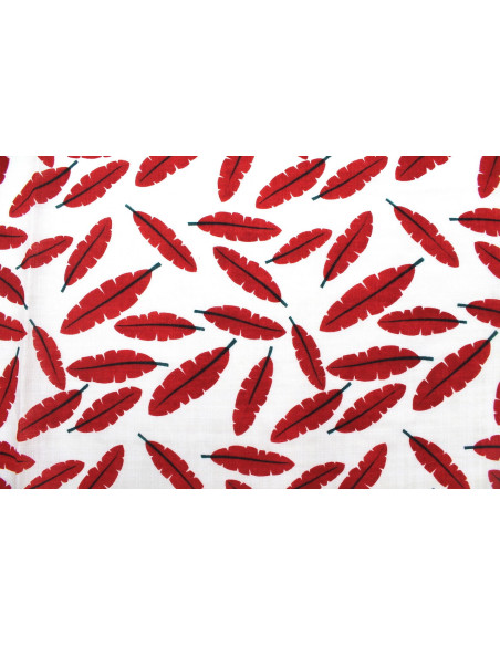 Tissu Voile Coton Viscose Imprimé Fond Blanc Plume Rouge -Au Mètre