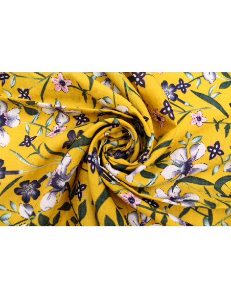 Tissu Voile Coton Viscose Imprimé Fleur Betty Moutarde -Au Mètre