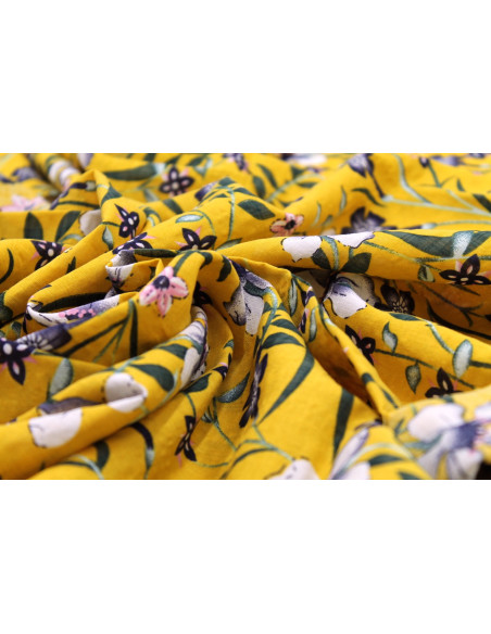 Tissu Voile Coton Viscose Imprimé Fleur Betty Moutarde -Au Mètre