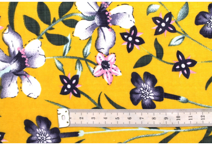 Tissu Voile Coton Viscose Imprimé Fleur Betty Moutarde -Au Mètre
