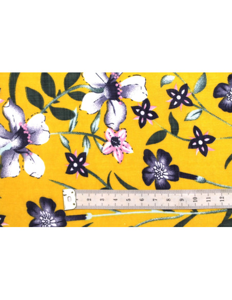 Tissu Voile Coton Viscose Imprimé Fleur Betty Moutarde -Au Mètre