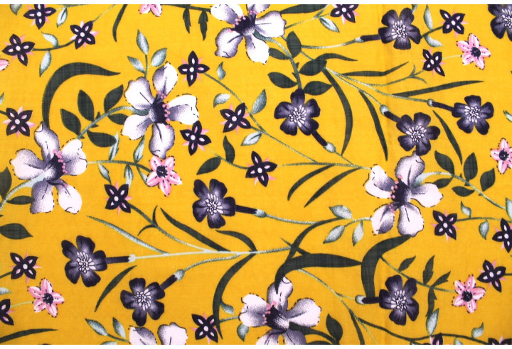 Tissu Voile Coton Viscose Imprimé Fleur Betty Moutarde -Au Mètre