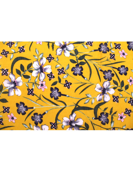 Tissu Voile Coton Viscose Imprimé Fleur Betty Moutarde -Au Mètre