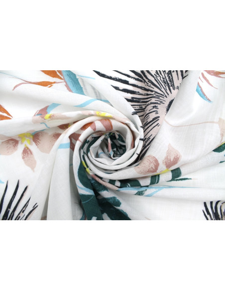 Tissu Voile Coton Viscose Imprimé Martinique Blanc -Au Mètre
