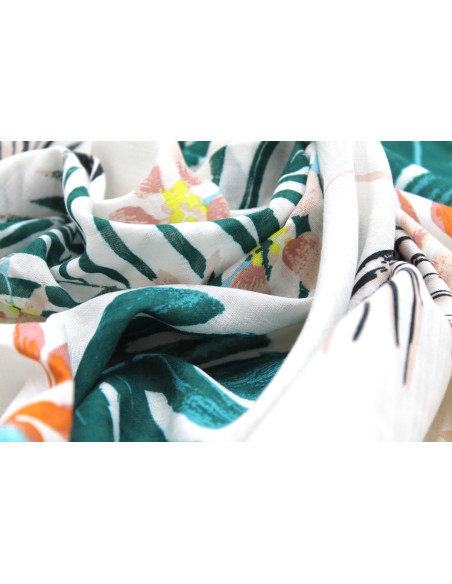 Tissu Voile Coton Viscose Imprimé Martinique Blanc -Au Mètre