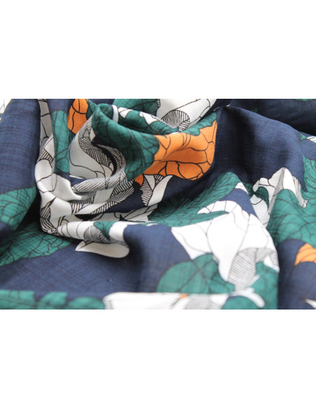 Tissu Voile Coton Viscose Imprimé Feuille Composée Marine -Au Mètre
