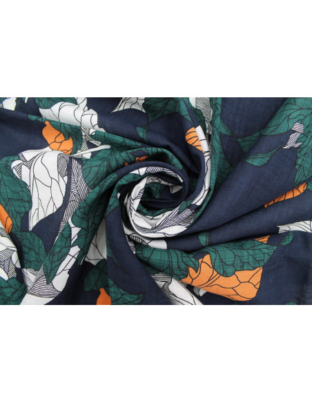 Tissu Voile Coton Viscose Imprimé Feuille Composée Marine -Au Mètre