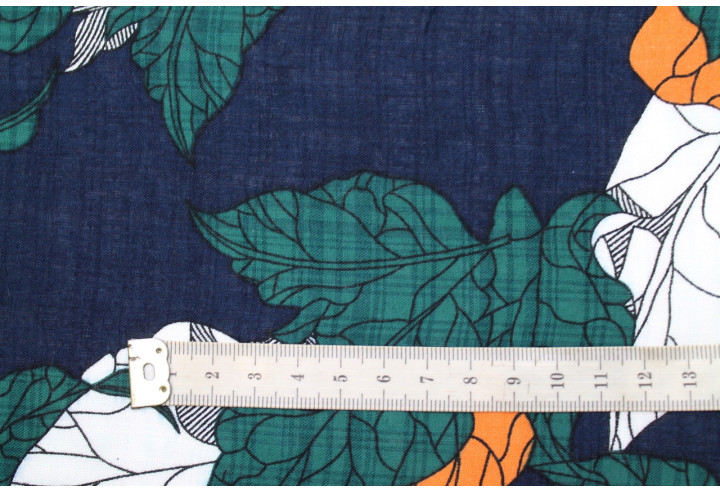 Tissu Voile Coton Viscose Imprimé Feuille Composée Marine -Au Mètre