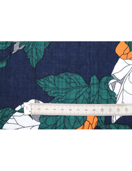 Tissu Voile Coton Viscose Imprimé Feuille Composée Marine -Au Mètre
