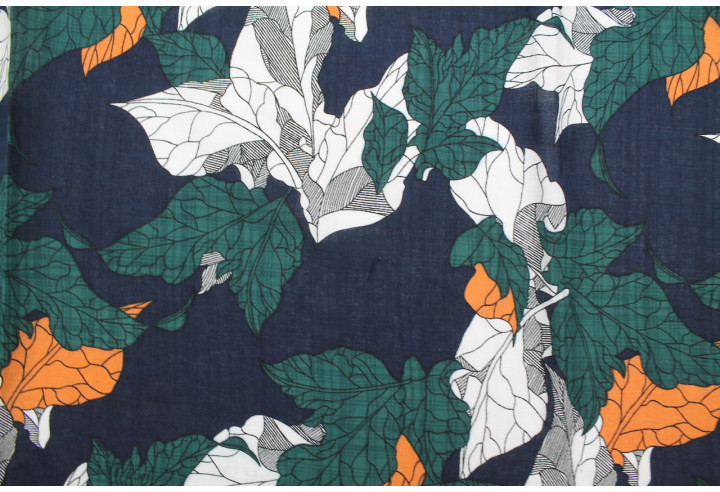 Tissu Voile Coton Viscose Imprimé Feuille Composée Marine -Au Mètre