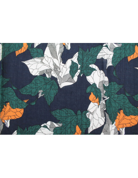Tissu Voile Coton Viscose Imprimé Feuille Composée Marine -Au Mètre
