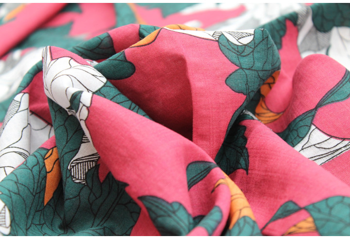 Tissu Voile Coton Viscose Imprimé Feuille Composée Rose -Au Mètre