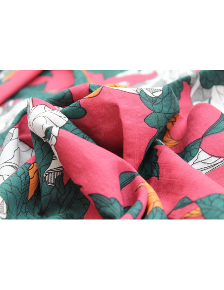Tissu Voile Coton Viscose Imprimé Feuille Composée Rose -Au Mètre