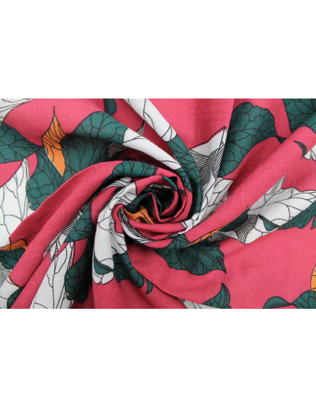 Tissu Voile Coton Viscose Imprimé Feuille Composée Rose -Au Mètre