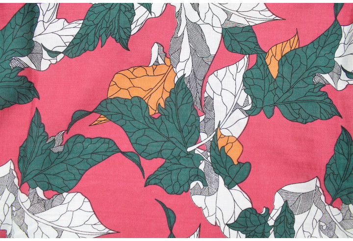 Tissu Voile Coton Viscose Imprimé Feuille Composée Rose -Au Mètre