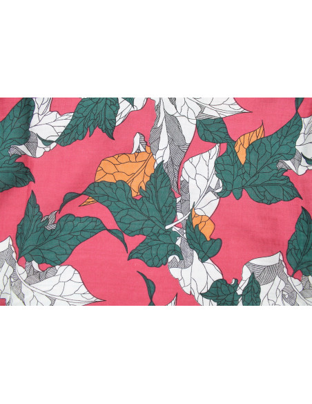 Tissu Voile Coton Viscose Imprimé Feuille Composée Rose -Au Mètre