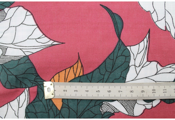 Tissu Voile Coton Viscose Imprimé Feuille Composée Rose -Au Mètre