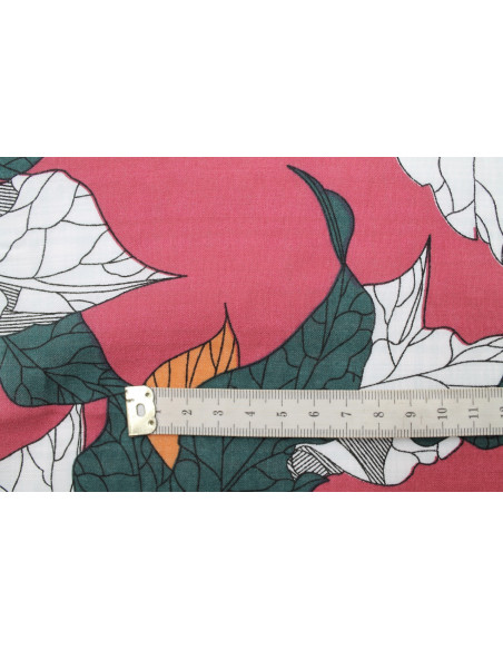Tissu Voile Coton Viscose Imprimé Feuille Composée Rose -Au Mètre