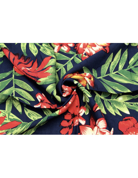Tissu Viscose Imprimé Fleur Bulba Marine -Au Mètre
