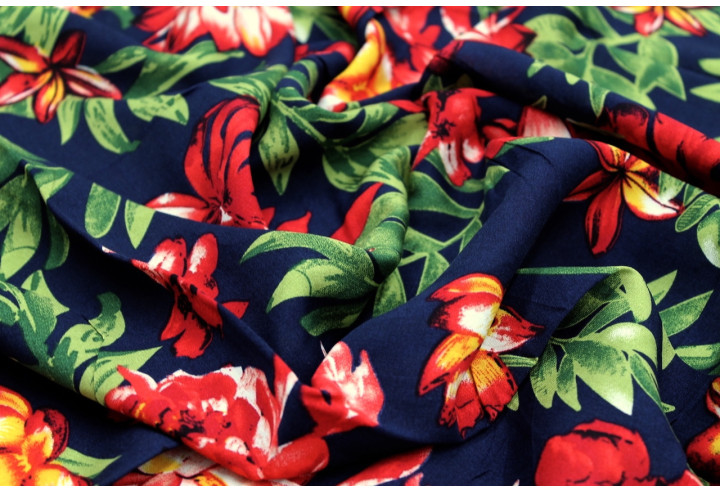 Tissu Viscose Imprimé Fleur Bulba Marine -Au Mètre
