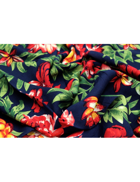 Tissu Viscose Imprimé Fleur Bulba Marine -Au Mètre