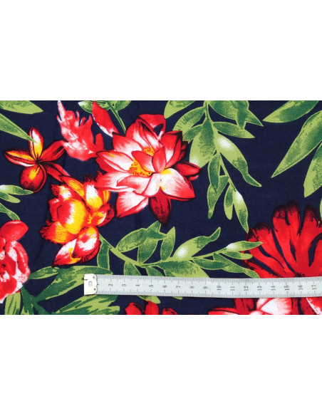 Tissu Viscose Imprimé Fleur Bulba Marine -Au Mètre