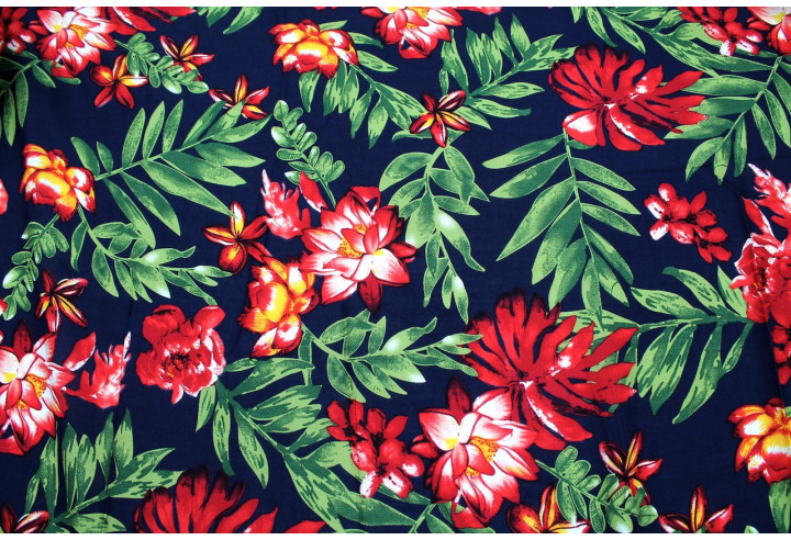 Tissu Viscose Imprimé Fleur Bulba Marine -Au Mètre