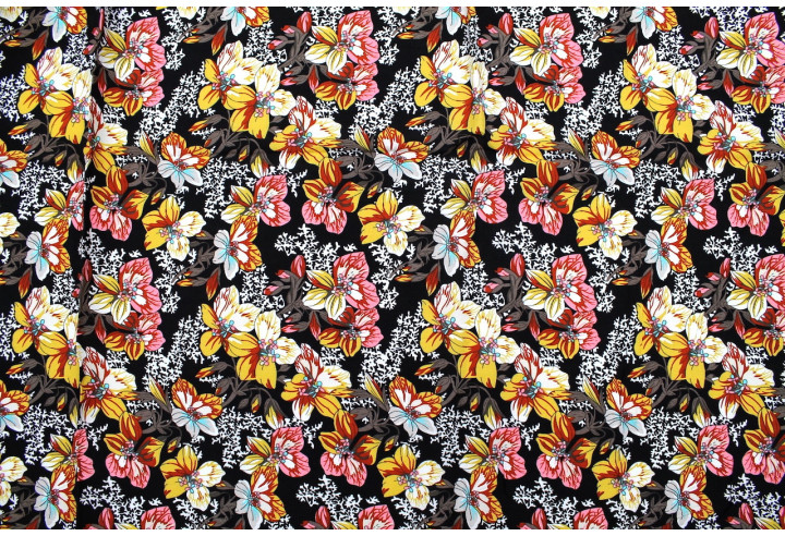 Tissu Viscose Imprimé Fleur Anasthasia Noir -Au Mètre