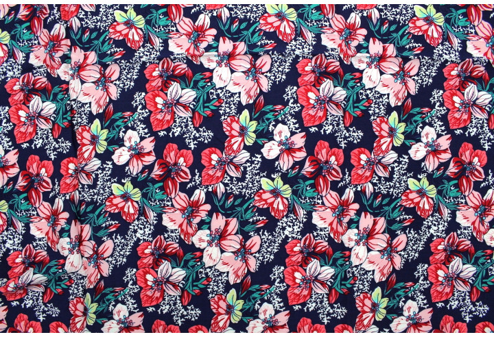 Tissu Viscose Imprimé Fleur Anasthasia Marine -Au Mètre