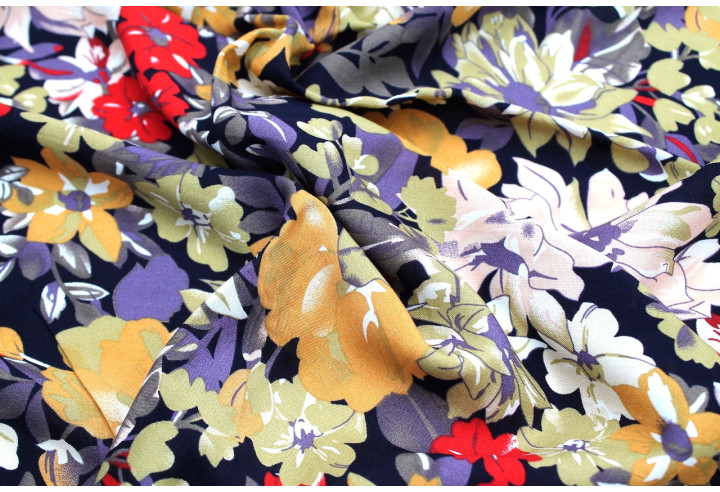 Tissu Viscose Imprimé Fleur Sierra Marine -Au Mètre