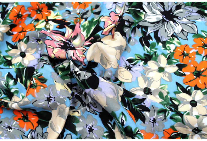 Tissu Viscose Imprimé Fleur Sierra Bleu -Au Mètre