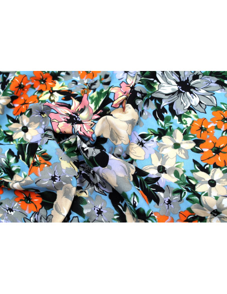 Tissu Viscose Imprimé Fleur Sierra Bleu -Au Mètre