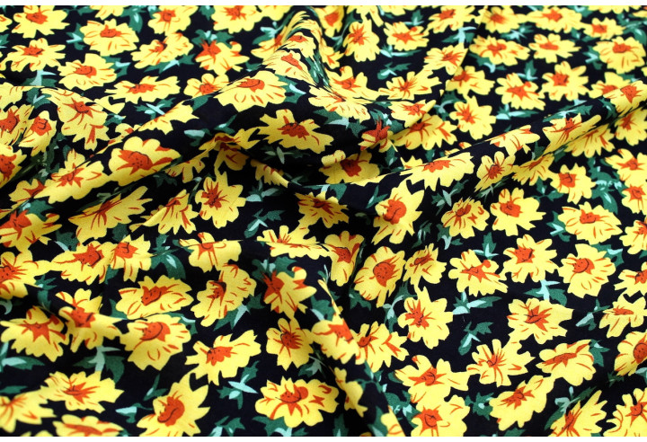 Tissu Viscose Imprimé Fleur Jass Noir -Au Mètre