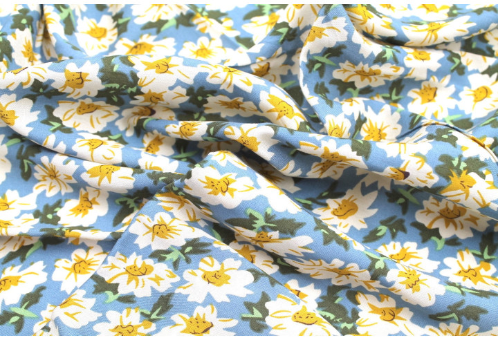 Tissu Viscose Imprimé Fleur Jass Bleu -Au Mètre