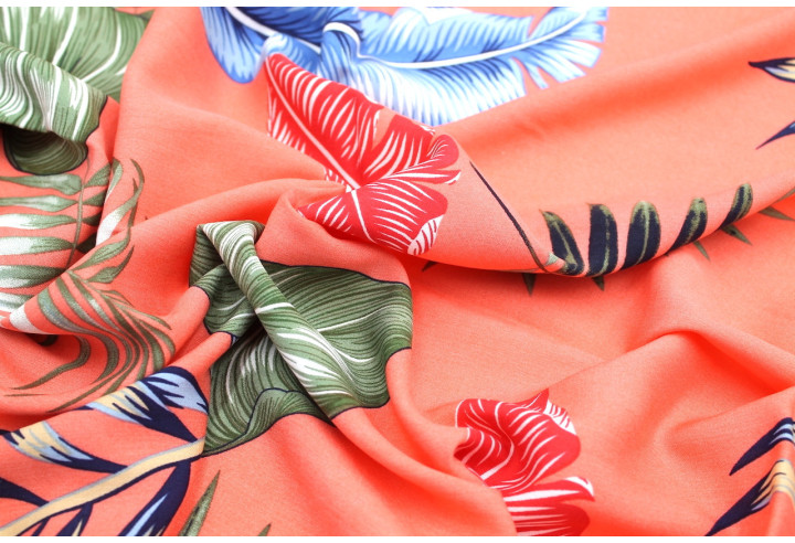 Tissu Viscose Imprimé Feuille Tahoma Corail -Au Mètre
