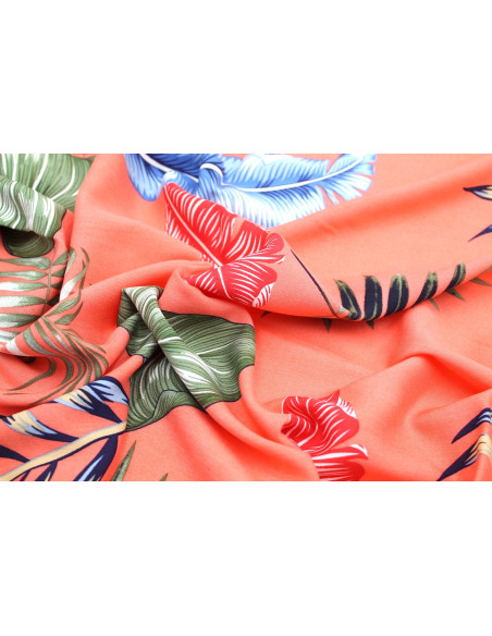 Tissu Viscose Imprimé Feuille Tahoma Corail -Au Mètre