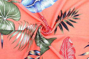 Tissu Viscose Imprimé Feuille Tahoma Corail -Au Mètre