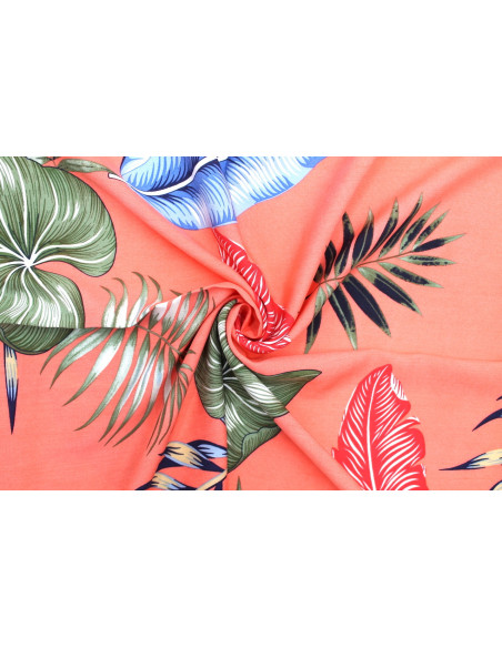 Tissu Viscose Imprimé Feuille Tahoma Corail -Au Mètre