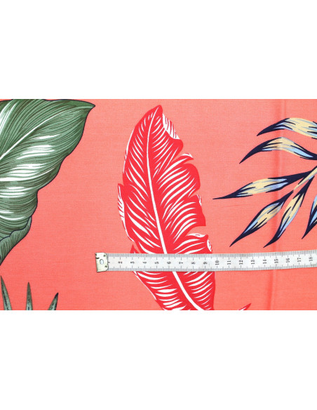 Tissu Viscose Imprimé Feuille Tahoma Corail -Au Mètre