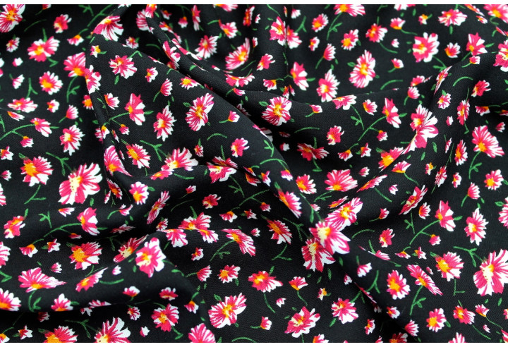 Tissu Viscose Imprimé Fleur Coquette Noir -Au Mètre