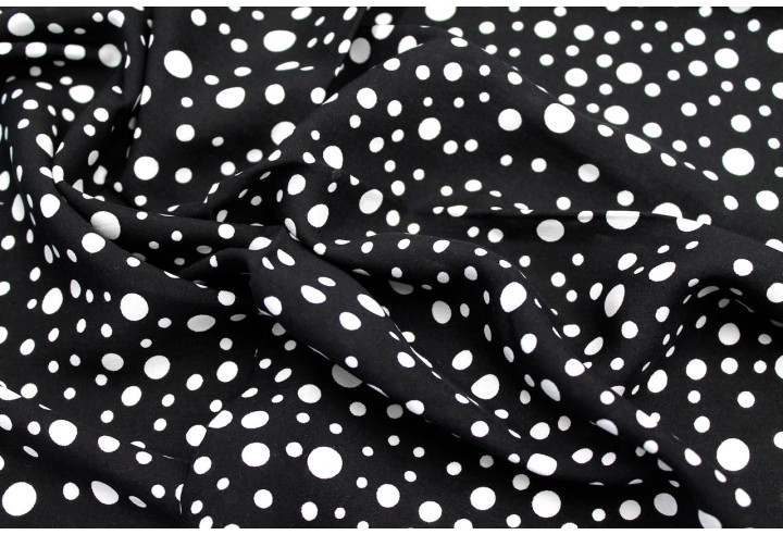 Tissu Viscose Imprimé Fond Noir Bulles Blanches -Au Mètre